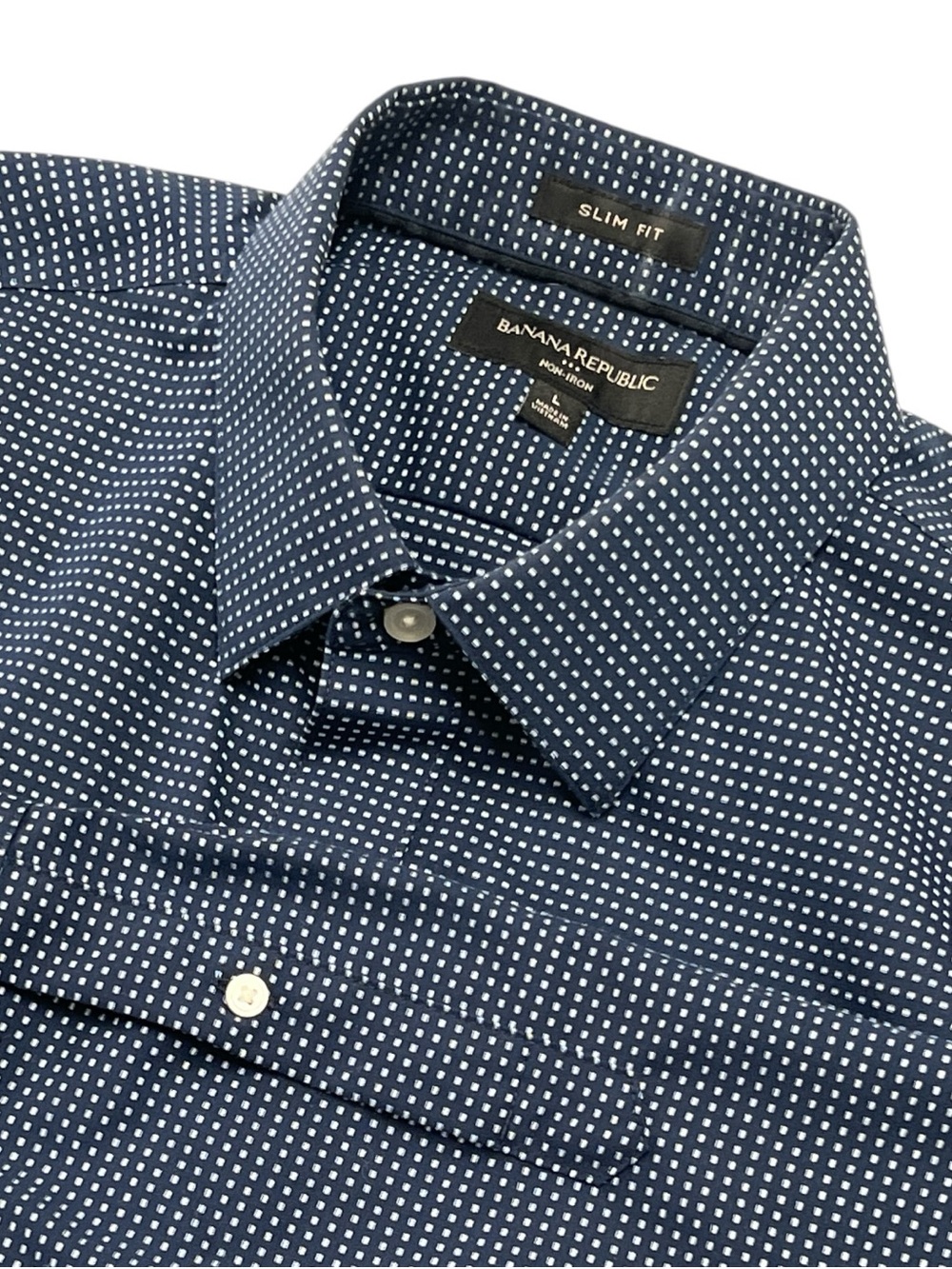 Banana Republic Men's Large Button Down‎ Navy Square Non Iron Long Sleeve Shirt